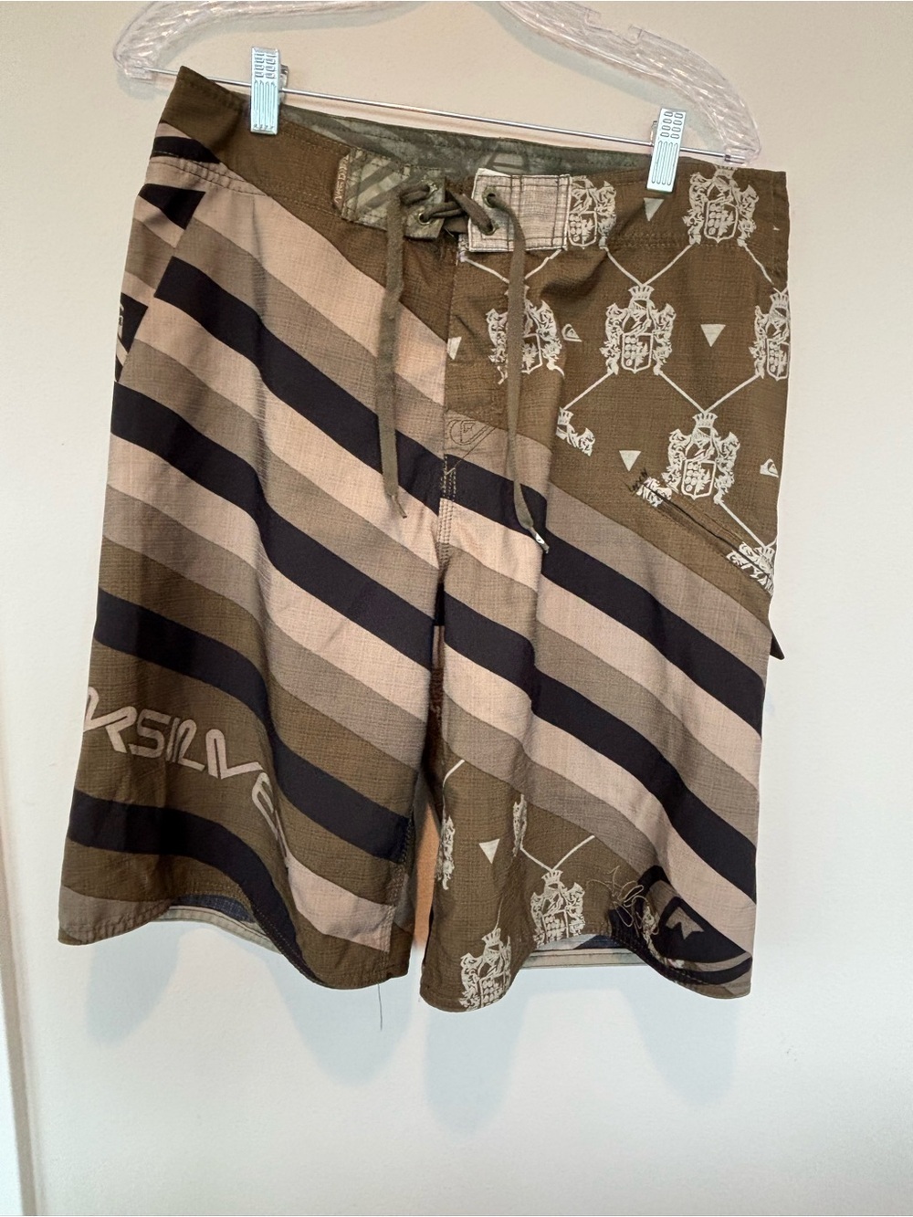 Quiksilver Olive, Beige & Black Striped Board Shorts 🇬🇧